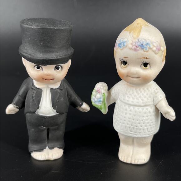 Kewpie Boy in Suit & Girl Wearing Flower Crown Porcelain Bisque, Shackman Japan - Picture 1 of 13